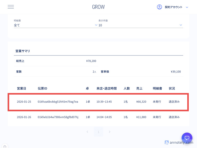 伝票履歴の検索結果一覧