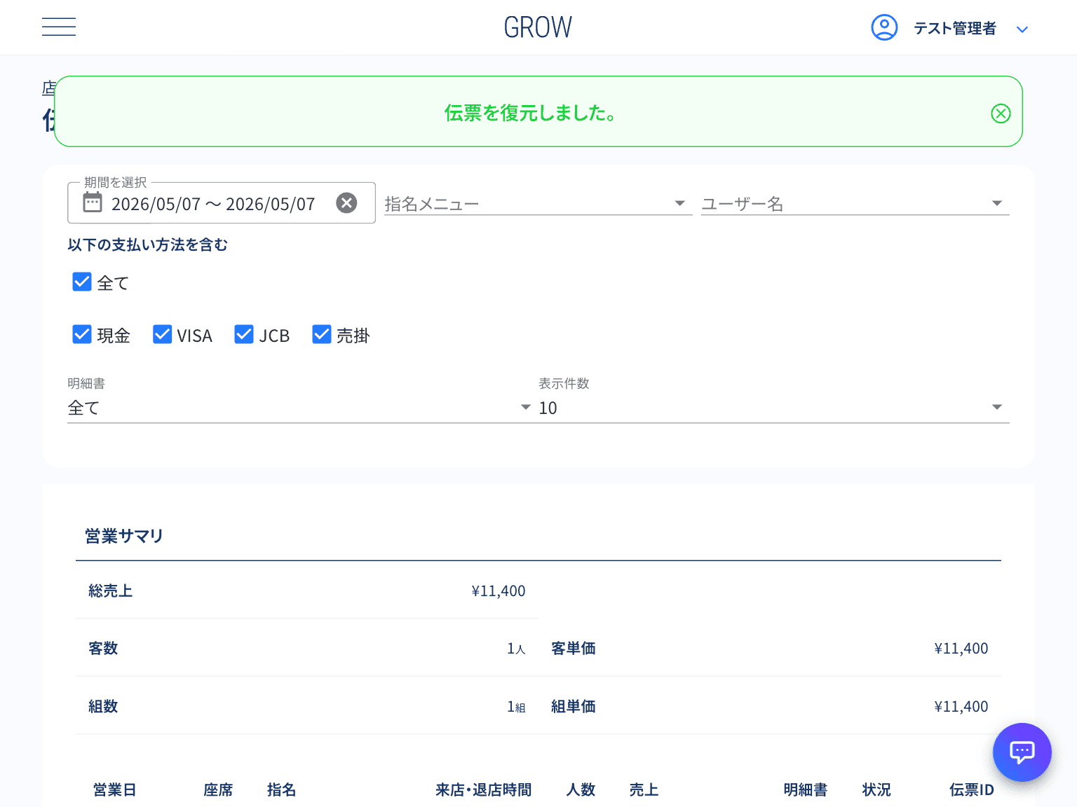 伝票の復元完了