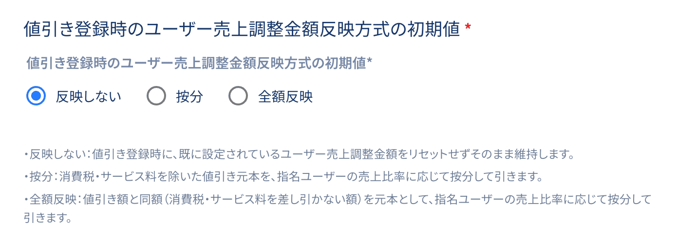 値引き登録時のユーザー売上調整金額反映方式の初期値の設定フォーム